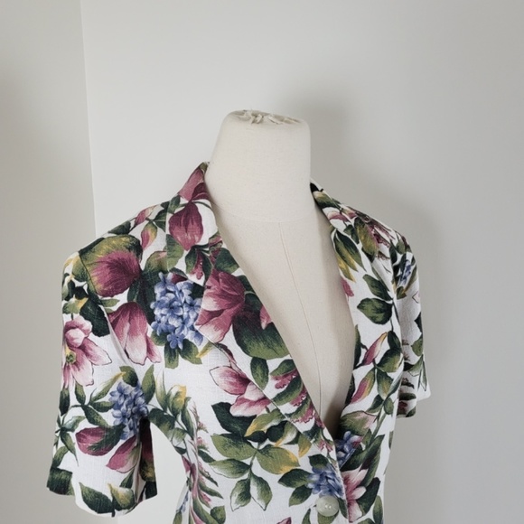 90’s botanical blazer short sleeve blouse button up floral long pockets vintage - Picture 9 of 16